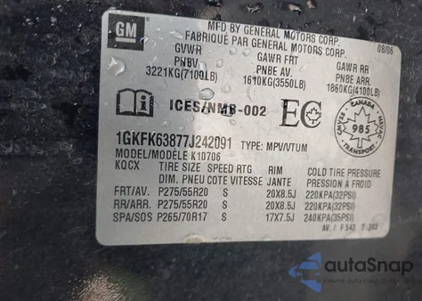 2007 GMC Yukon Denali z USA, uszkodzony, nr VIN 1GKFK63877J242091